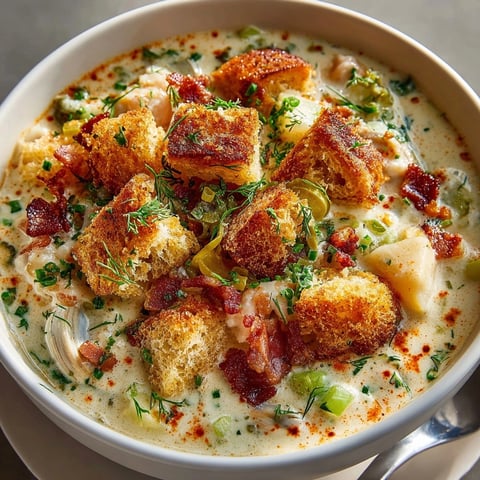 Steamy bowl of Pickle-Fix Buffalo Clam Chowder with Dill Croutons served hot and rustic.