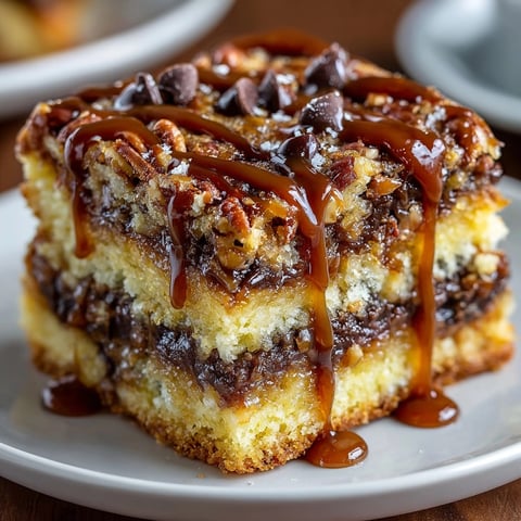 Freshly baked Southern Comfort Bourbon Pecan Chaos Cake Bars with gooey caramel drizzled over crunchy pecans