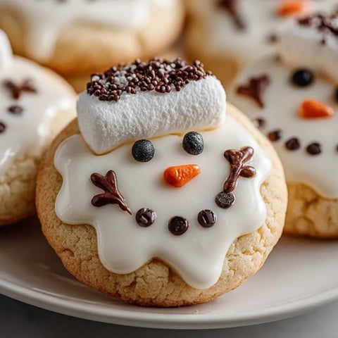 Melted Snowman Sugar Cookies drizzled with frosting and marshmallow, perfect for a festive treat.