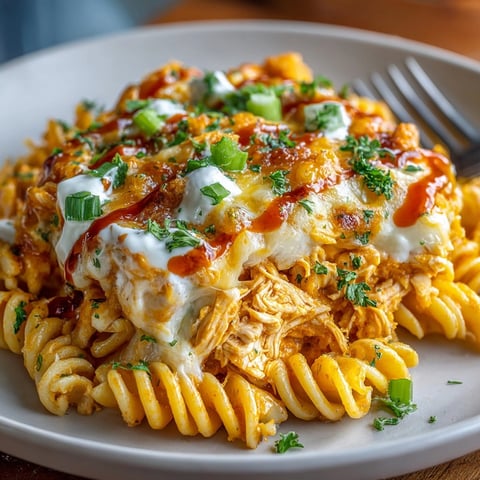 A creamy, cheesy Buffalo Chicken Pasta Bake, bubbling hot from the oven, ready to serve.