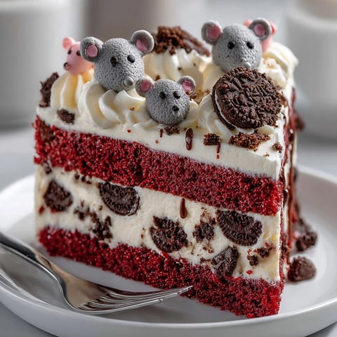 Deliciously messy Chaos Cake Red Velvet with adorable, chaotic "rat" fondant decorations.