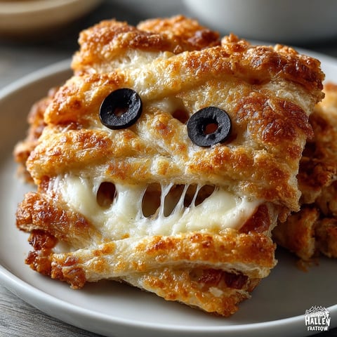Golden-brown Halloween Grilled Cheese Mummy Wraps, with melted cheese "eyes" and crispy pastry, ready to eat.