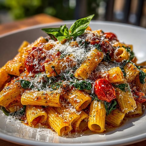 Creamy One-Pot Pasta with Cherry Tomato Burst, showcasing a warm, inviting dish with vibrant red tomatoes.