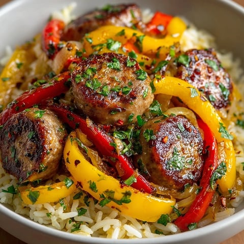 Sausage and Peppers with Rice, a colorful Italian-American dish with tender peppers and savory sausage.