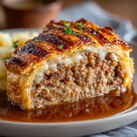 Golden-brown Meatloaf Wellington, wrapped in flaky pastry, rests alongside a rich, savory gravy.