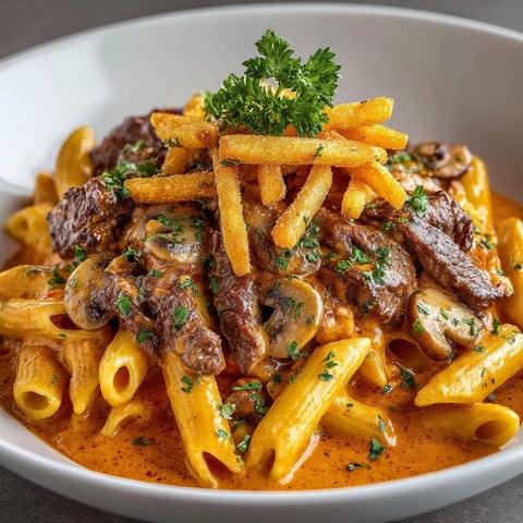 Creamy Brazilian Stroganoff Pasta with potato stick topping served hot and garnished with parsley.