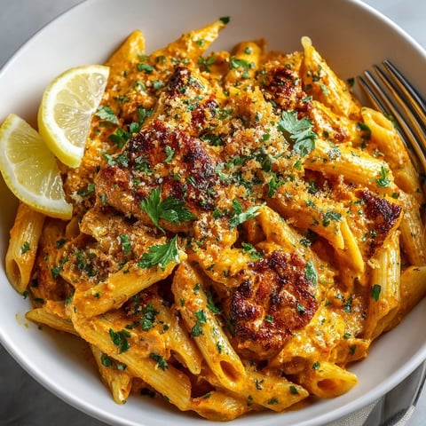 Golden Indian Butter Chicken Pasta served with crisp naan bread crumb topping and fresh cilantro.