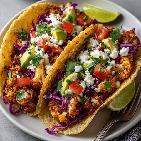 Garlic roasted cauliflower tacos loaded with crunchy cabbage, creamy avocado, and fresh cilantro.