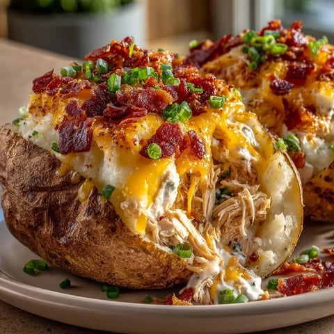 Cheesy Chicken Bacon Ranch Stuffed Potatoes filled with gooey cheese, crispy bacon, and fresh green onion garnish.