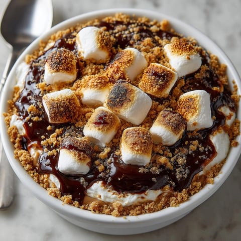 Peanut Butter S'mores Dip with Graham Cracker Crumbles served warm, gooey, and golden brown