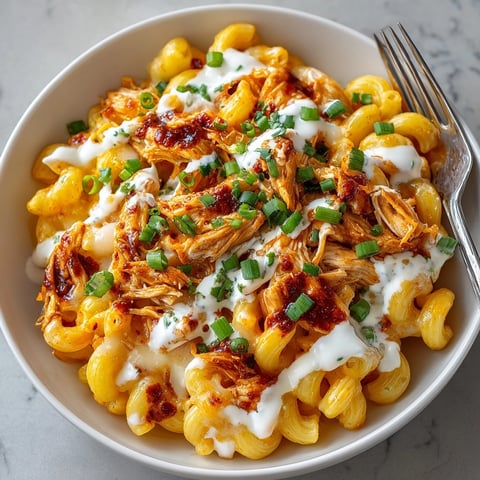 Buffalo chicken pasta with ranch drizzle baked golden, creamy and topped with fresh green onions.