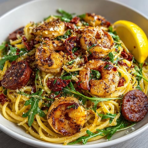 Lemon Garlic Shrimp & Sausage Pasta tossed with arugula and fresh lemon wedges on plate