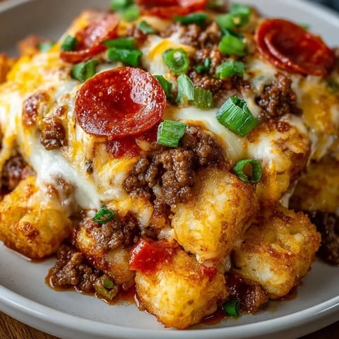 Pizza Tot Casserole fresh from the oven, topped with golden tater tots and melty cheese