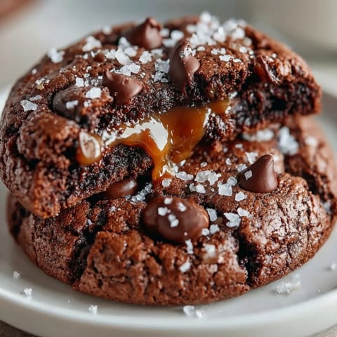 Soft batch salted caramel chocolate fudge cookies with gooey caramel centers and flaky sea salt on top