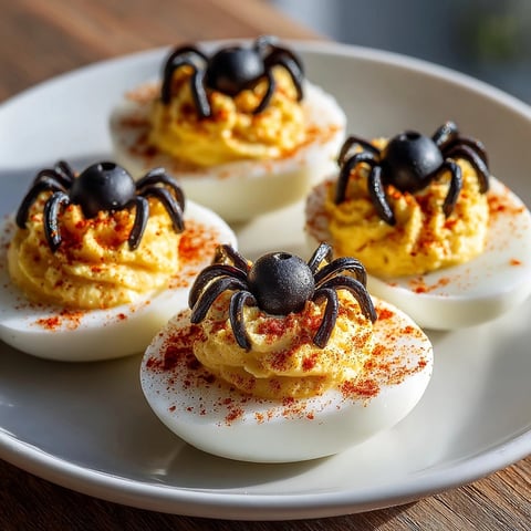 Creamy Spooky Spider Deviled Eggs, topped with black olive spiders, served chilled.