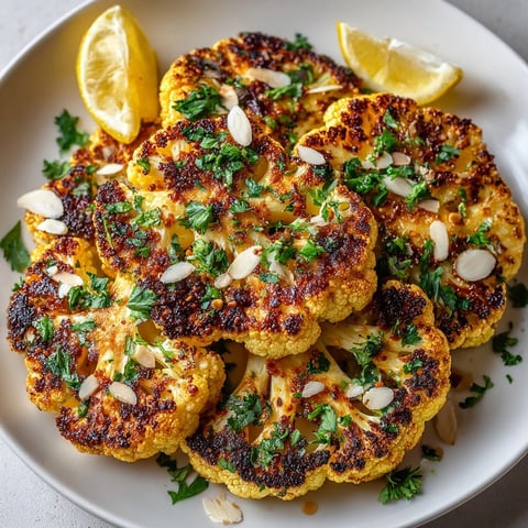 Golden Harissa Roasted Cauliflower Steaks fresh from oven, garnished with parsley and almonds.