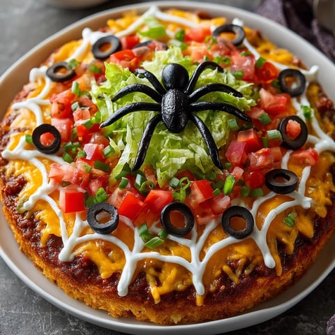 Layered Spiderweb Taco Dip with creamy sour cream webs ready for dipping chips.
