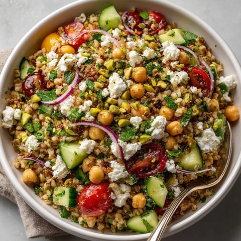 Close-up of vibrant Jennifer Aniston Salad, highlighting bulgur, feta, and chopped herbs ready to serve.