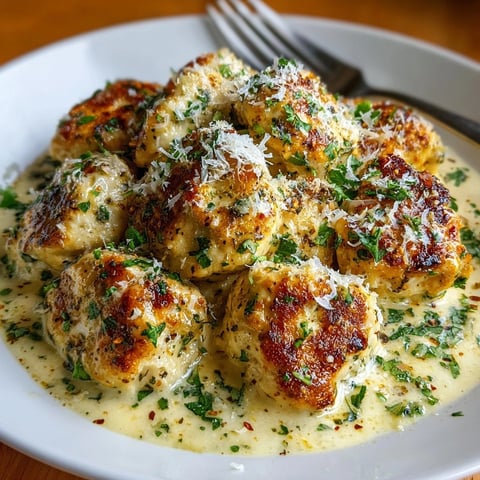 Close-up of Creamy Garlic Chicken simmering in skillet, glistening with Parmesan and herbs.
