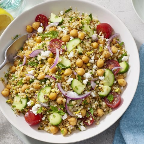 Bright & fresh Jennifer Aniston Salad, ready to serve; a Mediterranean-inspired healthy grain bowl.