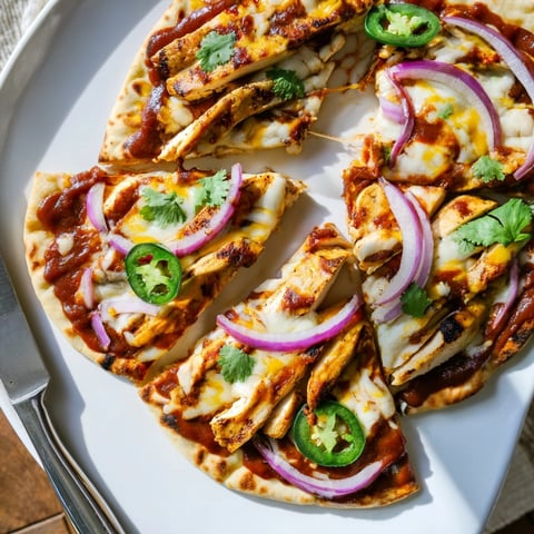 Close-up of baked Mango BBQ Chicken Flatbread, cheese melted, garnished with cilantro.