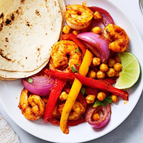 Vibrant Shrimp & Chickpea Sheet Pan Fajitas, ready to roll in warm tortillas.