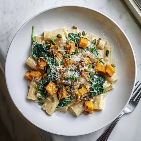 Creamy Miso Fall Pasta with Roasted Squash drizzled in velvety miso sauce for comfort.  