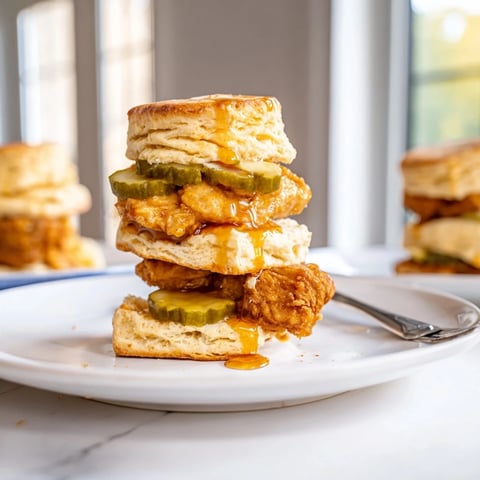 Buttery Nashville Hot Honey Biscuit Sliders overflowing with crispy chicken and spicy honey drizzle.  
