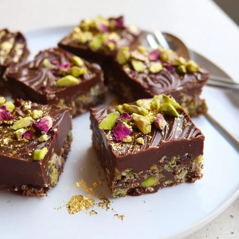 Decadent chocolate bar inspired creations topped with golden rose petals and crunch.  
