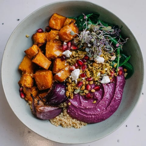 Cozy Spiced Winter Bowls filled with vibrant roasted veggies and delicious toppings.  
