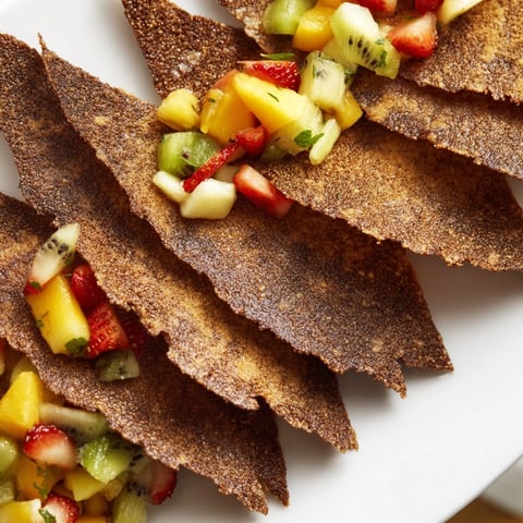 Crispy dessert chips and vibrant fruit salsa on a colorful plate for sharing.  