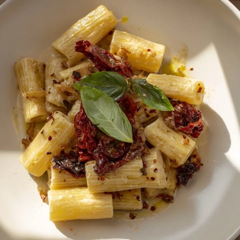 Creamy Baked Feta Pasta with caramelized onions and sun-dried tomatoes in a dish.  