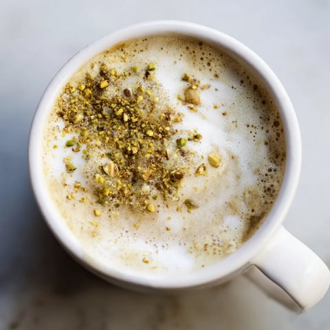 A creamy pistachio milk latte topped with crushed nuts, perfect for coffee lovers.  