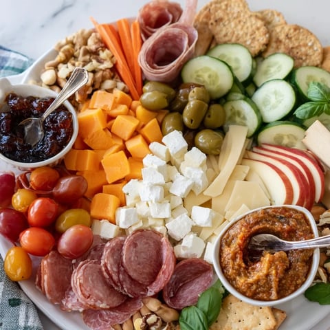 A vibrant Girl Dinner Platter brimming with cheeses, fresh fruits, and crunchy snacks.  
