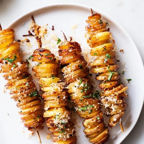 Crispy air-fryer tornado potatoes topped with Parmesan and fresh herbs for flavor.  