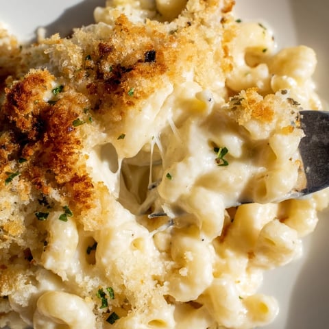 Creamy truffle macaroni and cheese, baked until golden and deliciously bubbling.  