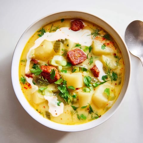 A comforting bowl of Potato, Leek & Chorizo Soup garnished with parsley.  