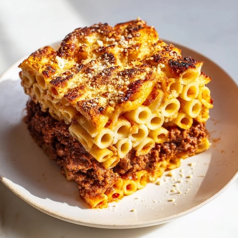 Delicious Greek Pastitsio featuring layers of pasta, beef, and creamy béchamel sauce.