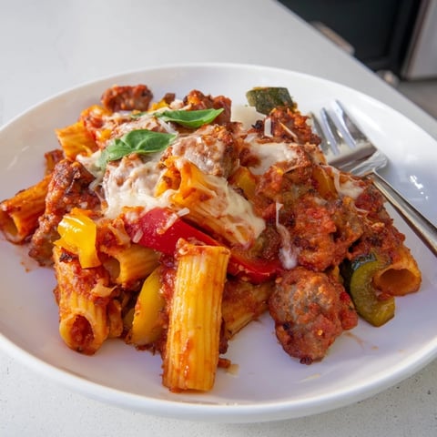 Delicious baked rigatoni with sausage and peppers, topped with melted cheese perfection.  