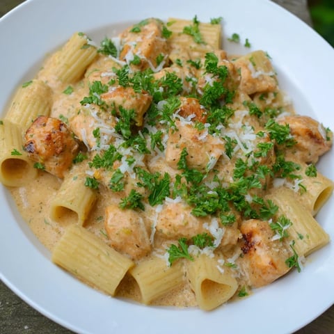 Steaming creamy garlic parmesan chicken rigatoni, garnished with fresh parsley and extra cheese.