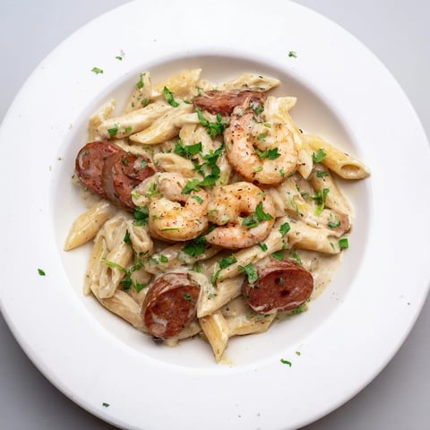 Cajun Sausage & Shrimp Alfredo Pasta Skillet sizzling with shrimp, sausage, and a rich, creamy sauce.