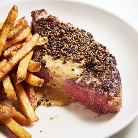 Juicy Classic Peppercorn Ribeye glistening with a peppercorn crust served alongside golden crispy fries.
