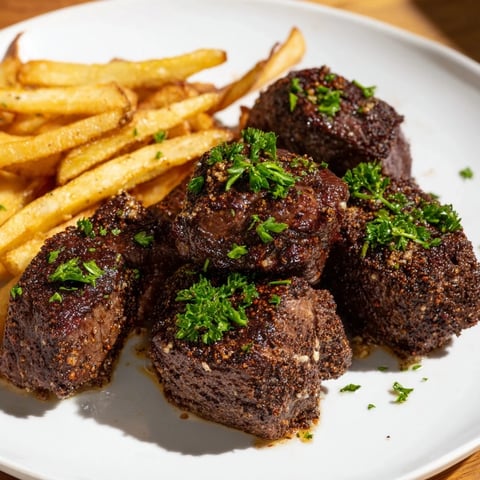 Golden brown Blackened Cajun Steak Bites with crispy fries, a flavorful, sizzling meal served sizzling.