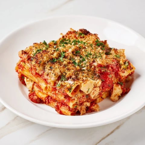 Baked Chicken Parmesan Pasta bubbling in a baking dish, promising a cheesy, delicious meal.