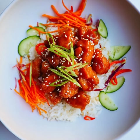 Sriracha Honey Chicken Rice Bowl: a colorful assortment of chicken, crispy vegetables, and flavorful rice.