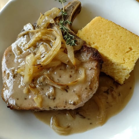 Golden, pan-seared smothered pork chops swimming in rich gravy, beside fluffy cornbread ready to serve.