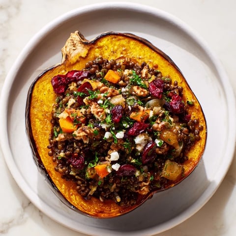 Steaming acorn squash halves brimming with savory lentil & walnut stuffing, a warmly plated vegetarian meal.