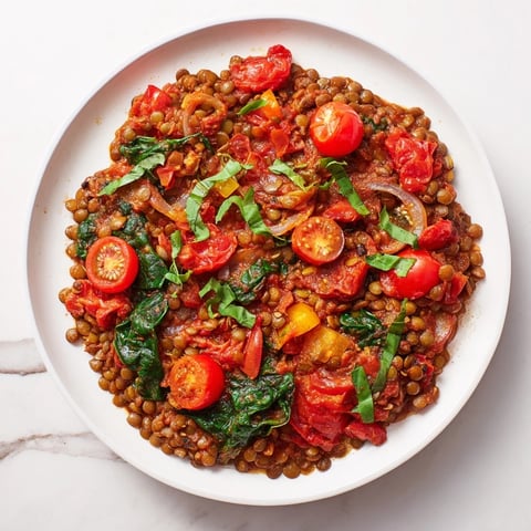 A vibrant Lentil-Tomato Skillet, showcasing tender lentils and juicy tomatoes with fresh herbs.