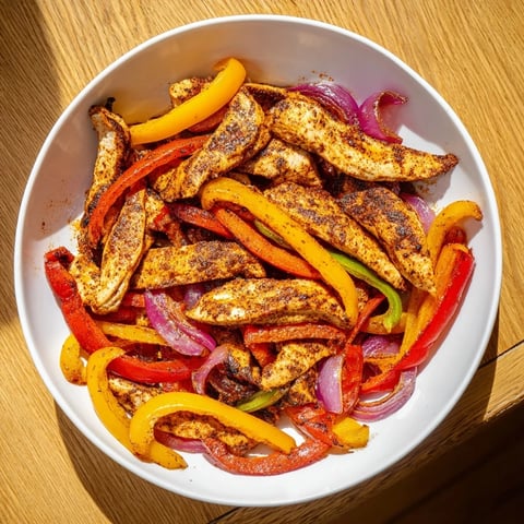 Sheet-pan chicken fajitas with sizzling chicken and colorful peppers, ready to serve with warm tortillas.