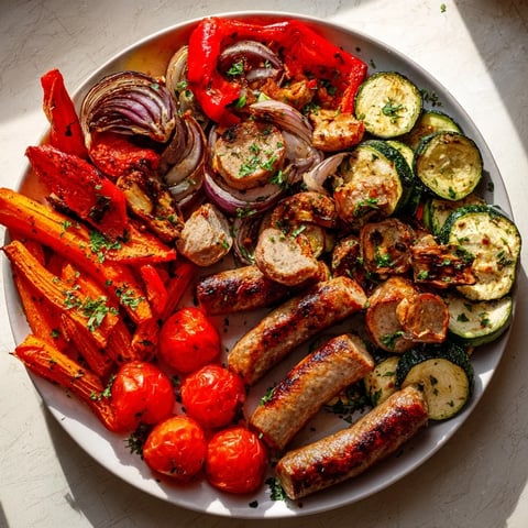 Sheet-Pan Roasted Veggies & Sausage: golden-brown veggies and sausage, ready to serve with fresh parsley.